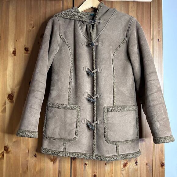 Vintage L.L. Bean Sherpa Lined Suede Toggle Coat Women’s Small Hooded Brown Barn - Picture 1 of 10